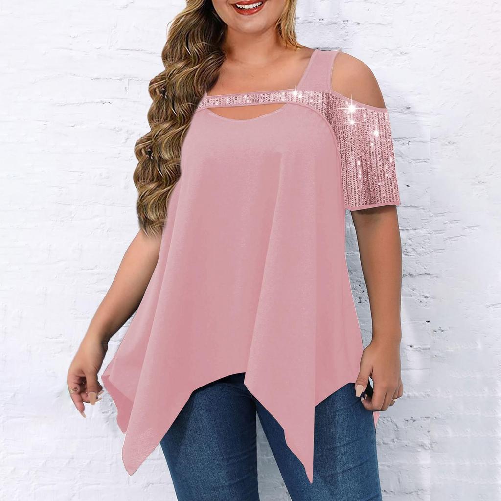 Damen-Top in Übergröße, kurzärmelig, lässig, mit Pailletten, hohl, T-Shirt, plissiert, fließend, Sommer-Tops