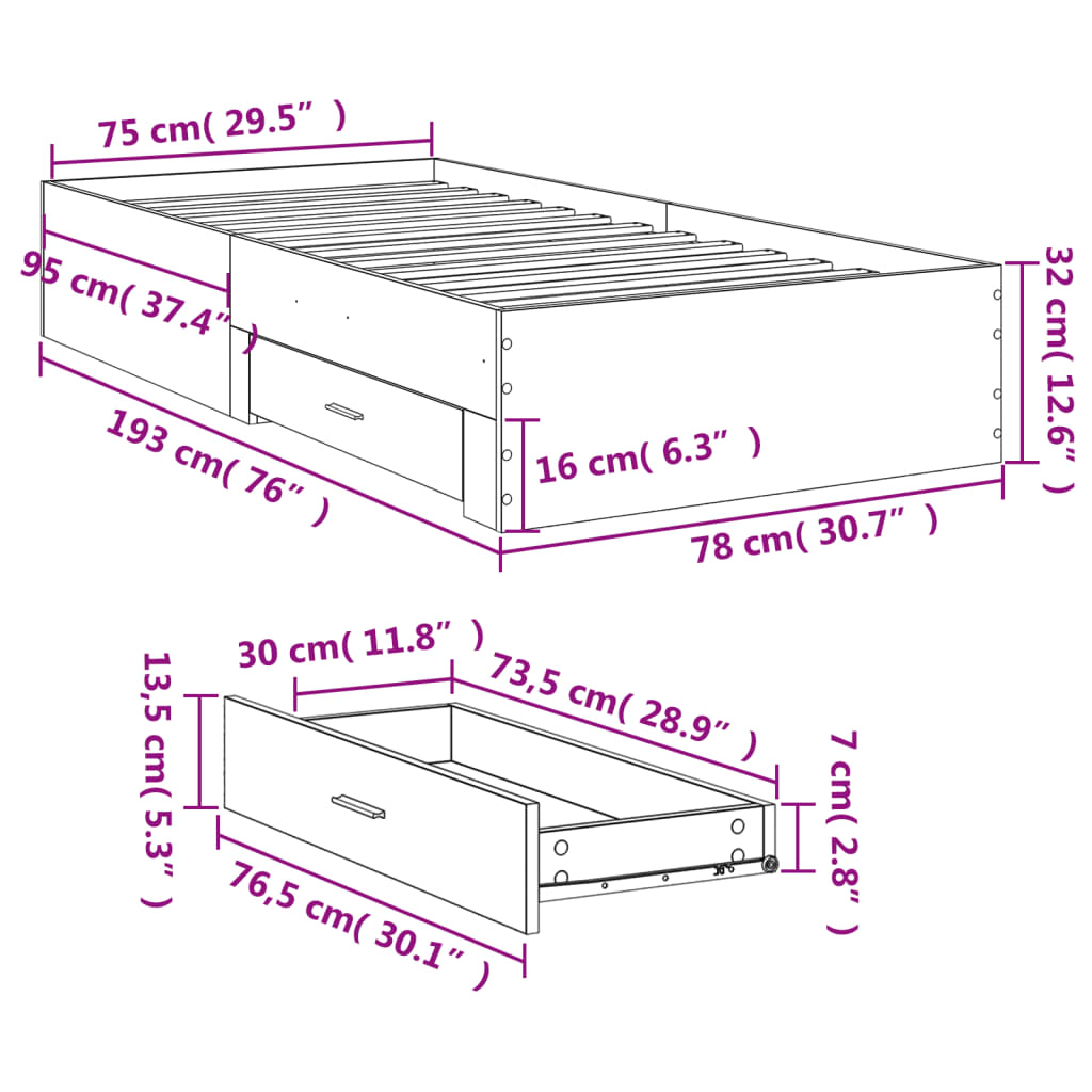 Bed Frame with Drawers Sonoma Oak 75 x 190 cm Engineered Wood