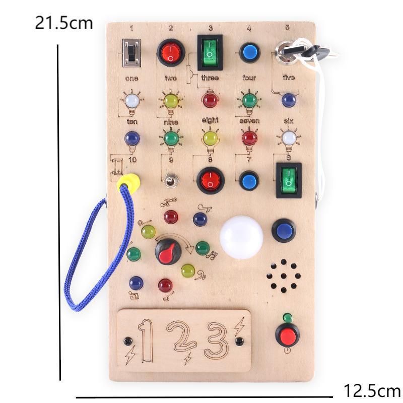 Luminous Wooden Busy Board Switch Toy for Children's Early Education and Fine Motor Skills Development.