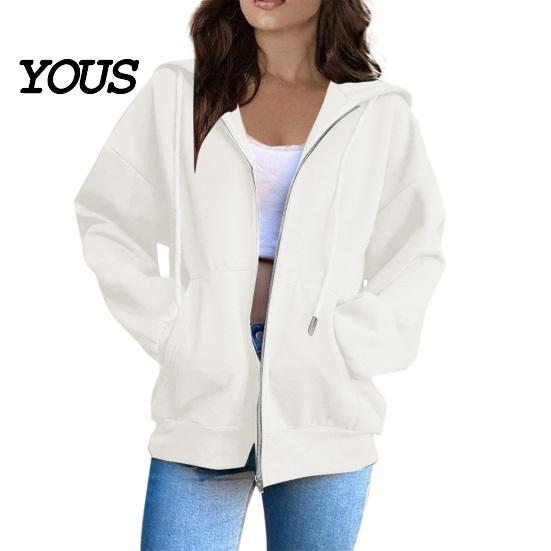 Women Zip Up Hoodie Zip-Up Hoodies, Casual Long Sleeve Sweatshirt with Pockets, Hoodies Pockets Fall Winter Solid Color Drawstring Hooded Coat S