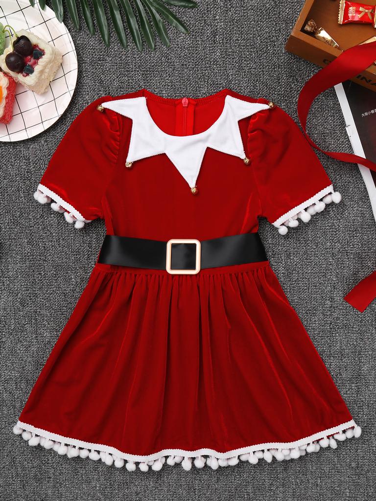 Children Girls Christmas Mrs Santa Claus Cosplay Costumes Holiday Festive Suit Party Fancy Dress with Hat Set