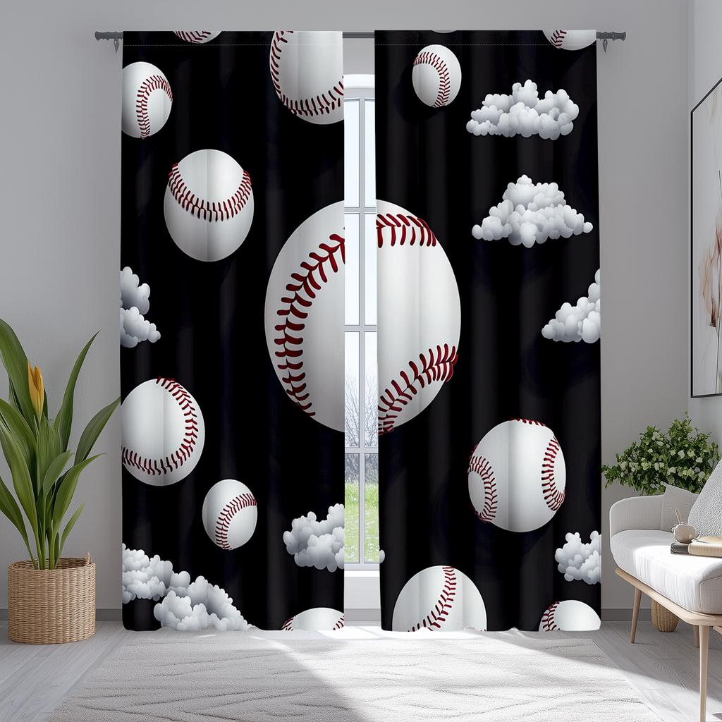 2pcs Classic Baseball Ball Polyester Curtains, Sports Themed Drapes In White, Gray, and Red for Game Rooms, Home Decor