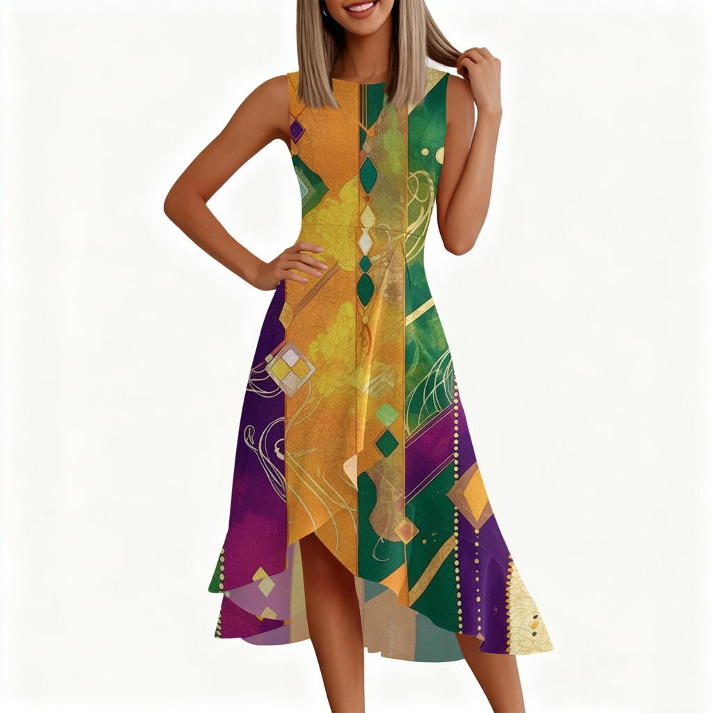 Women's Fashion Casual Sleeveless Round-Neck Printed Ruffled Dress with Zipper