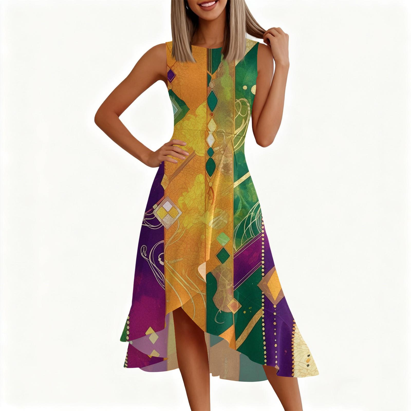 

Женское модное повседневное платье без рукавов с круглым вырезом, принтом, оборками и молнией XL жёлтый