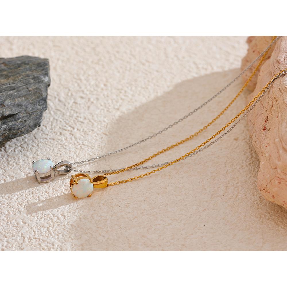 Yhpup Exquisite Round Opal Stone Pendant Necklace for Women Stainless Steel Korean Style Fashion Temperament Neck Jewelry