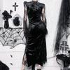 GMXIA Patchwork Dark Style Dress Sexy Slim-fit Wrap Hip Slit Lace Sleeves Feature Skirt