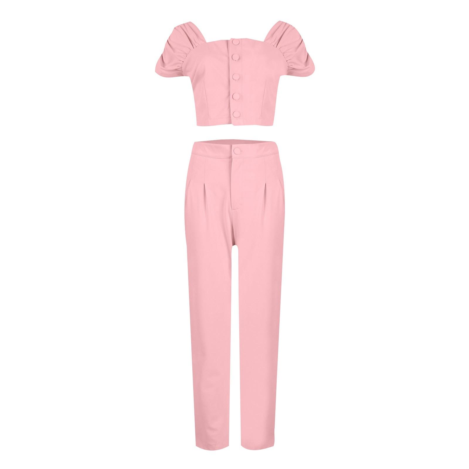 

Женская мода, повседневный темпераментный однотонный костюм с короткими рукавами и длинными брюками, женская одежда L розовый