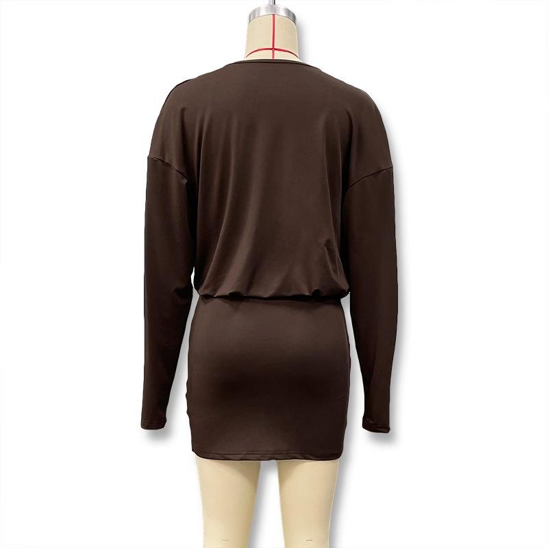 European and American Style Women's Autumn and Winter New Item Solid Color Fashionable Deep V Long Sleeved Waist Cinching Sexy Hip Hugging Dress