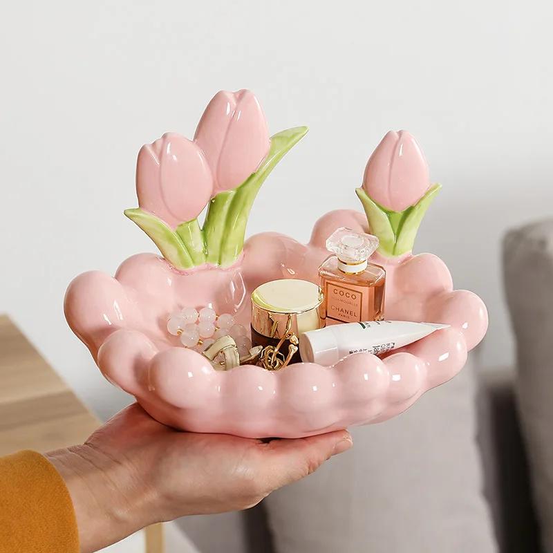Ceramic Tulip Ornaments Creative Chinese Ornaments Living Room Home Tray Ceramic Tulip Dressing Table Storage Box