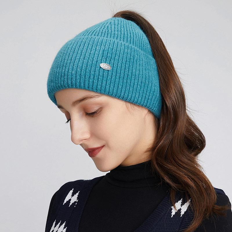 A Women's Knitted Hat with Exposed Braids, Autumn and Winter Thick Ear Protection Hat, Women's High Ponytail Braid