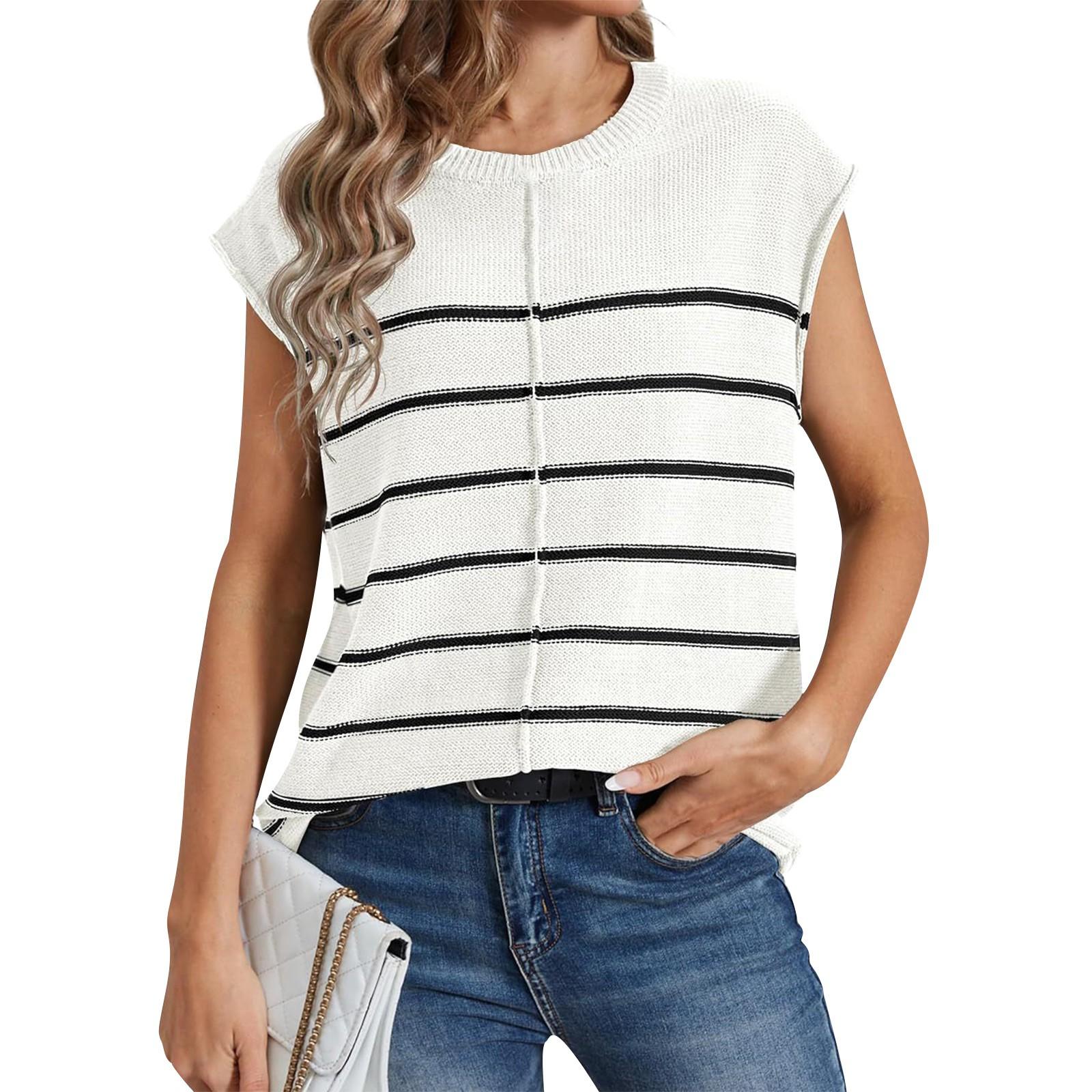 

Женский вязаный свитер с круглым вырезом, жилет, пуловер без рукавов, полосатый топ XL белый