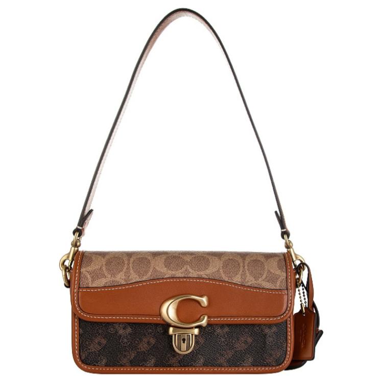 Coach Studio Baguette 20 Metal Logo Monogram Print Faux Leather Shoulder Bag Small Women Shoulder Bag Brown CR798-B4V6