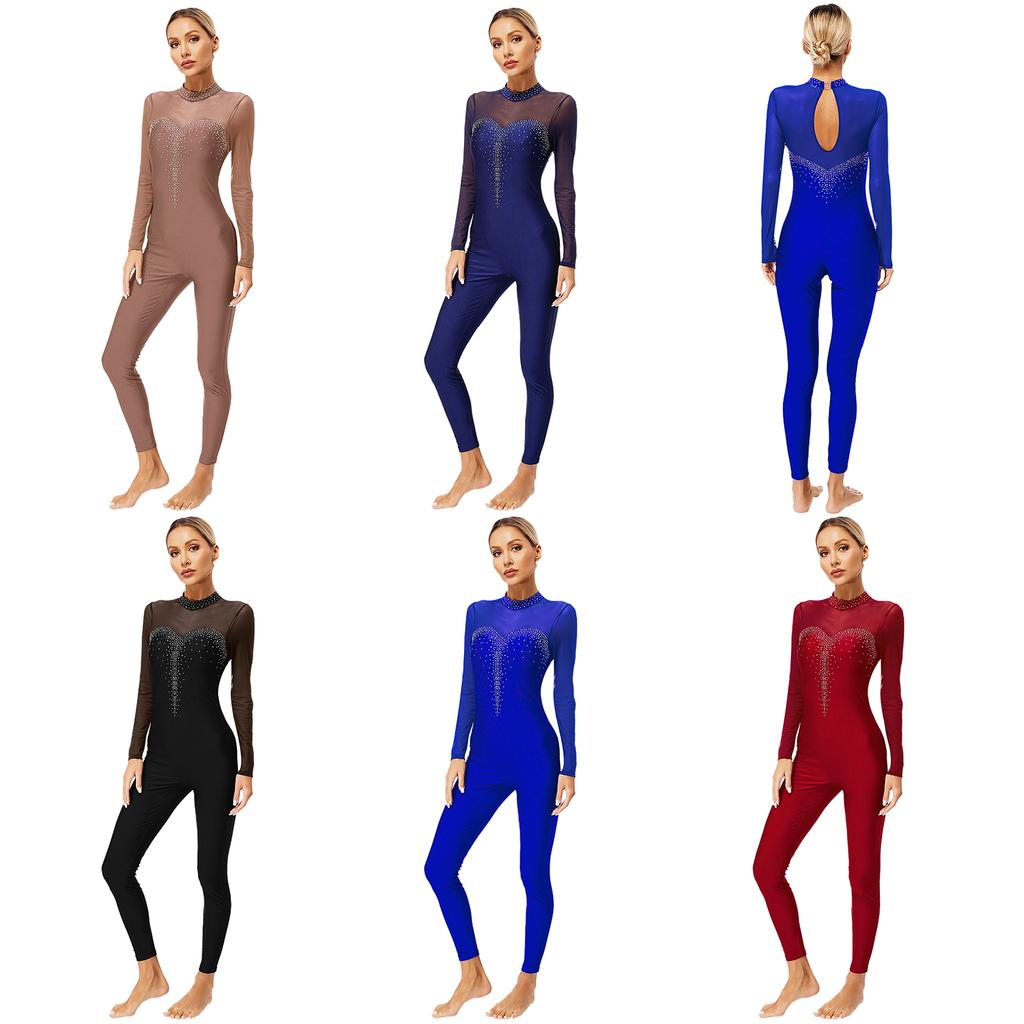 Womens Sparkly Rhinestones Jumpsuit Sheer Mesh Long Sleeve Keyhole Back Bodysuit Figure Skating Costume