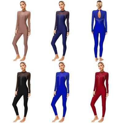 Damskie trykoty gimnastyczne, jednoczęściowe, z długim rękawem, błyszczące, z kryształkami, body do jazdy na łyżwach, kombinezon Catsuit