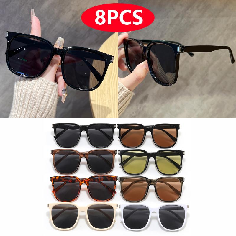 8pcs UV Resistant Oversize Sunglasses Set Women Luxury Square Retro Style Rectangular Frame Unisex Personalized Glasses
