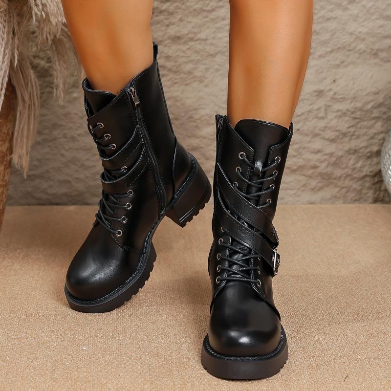 

Fashion 2025 New Retro Women s Mid-Tube Knight Boots Platform Autumn Booties 35 чёрный