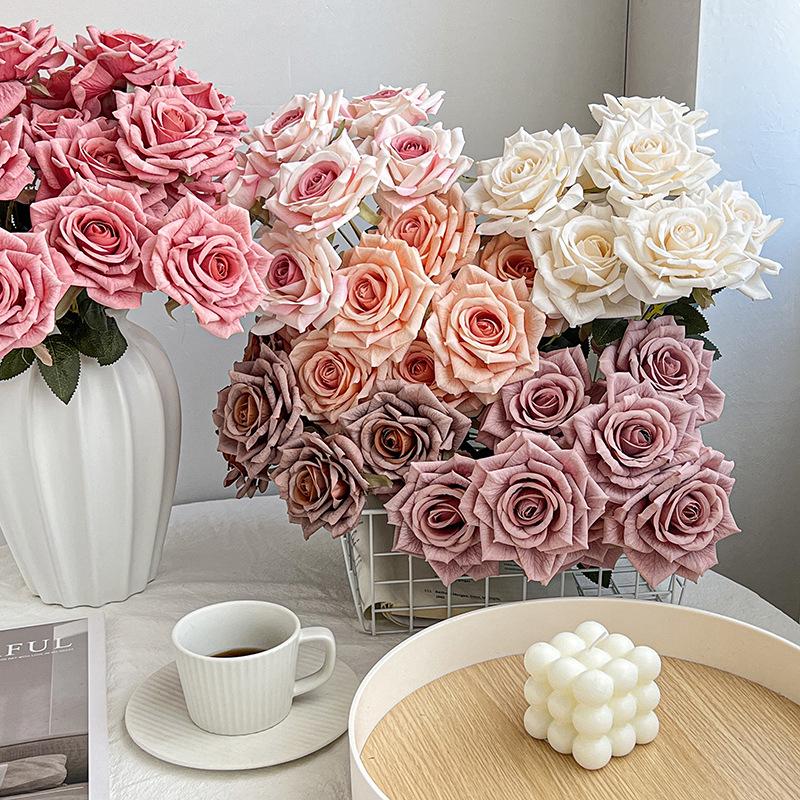 7-Head Embossed Cappuccino Rose Bouquet: Artificial Wedding Car Decoration with High-End Feel