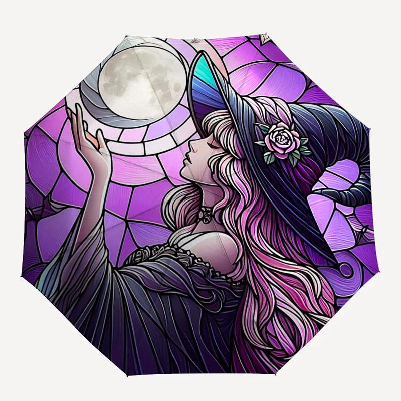 1pc Stained Glass Witch Moon Auto Open Close Umbrella - Portable Tri-Fold Design with 8-Bone Iron Frame - Outdoor - Perfect Gift for Fans, Travelers,