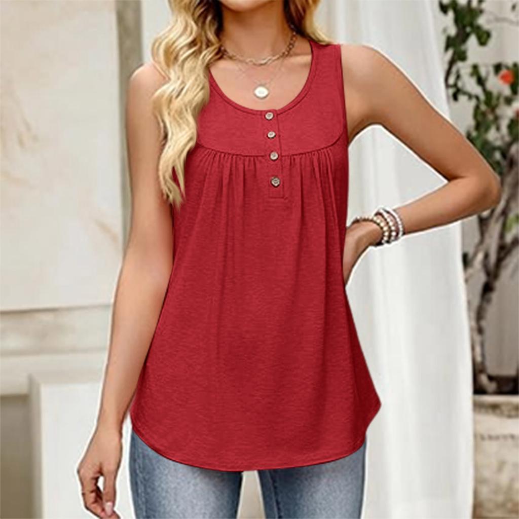 Women's Fashionable Plain Color, Round Neck, Button-Decorated Sleeveless Vest Top, Suitable For Both Inner And Outer Wear.