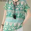 MODIQUE Women Short Sleeve T-shirt Summer Plus Size  Loose Casual Elegant Cotton Linen Print Blouse Shirts Lady Basics V-Neck