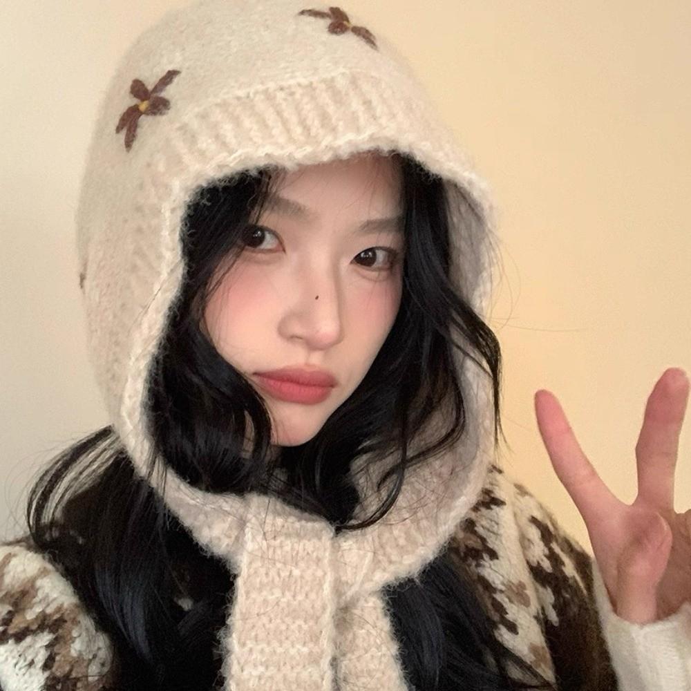 Woolen Neck Collar Beanies Cap Embroidered Flowers Pullover Cap Cute Knitted Balaclava Hat Female
