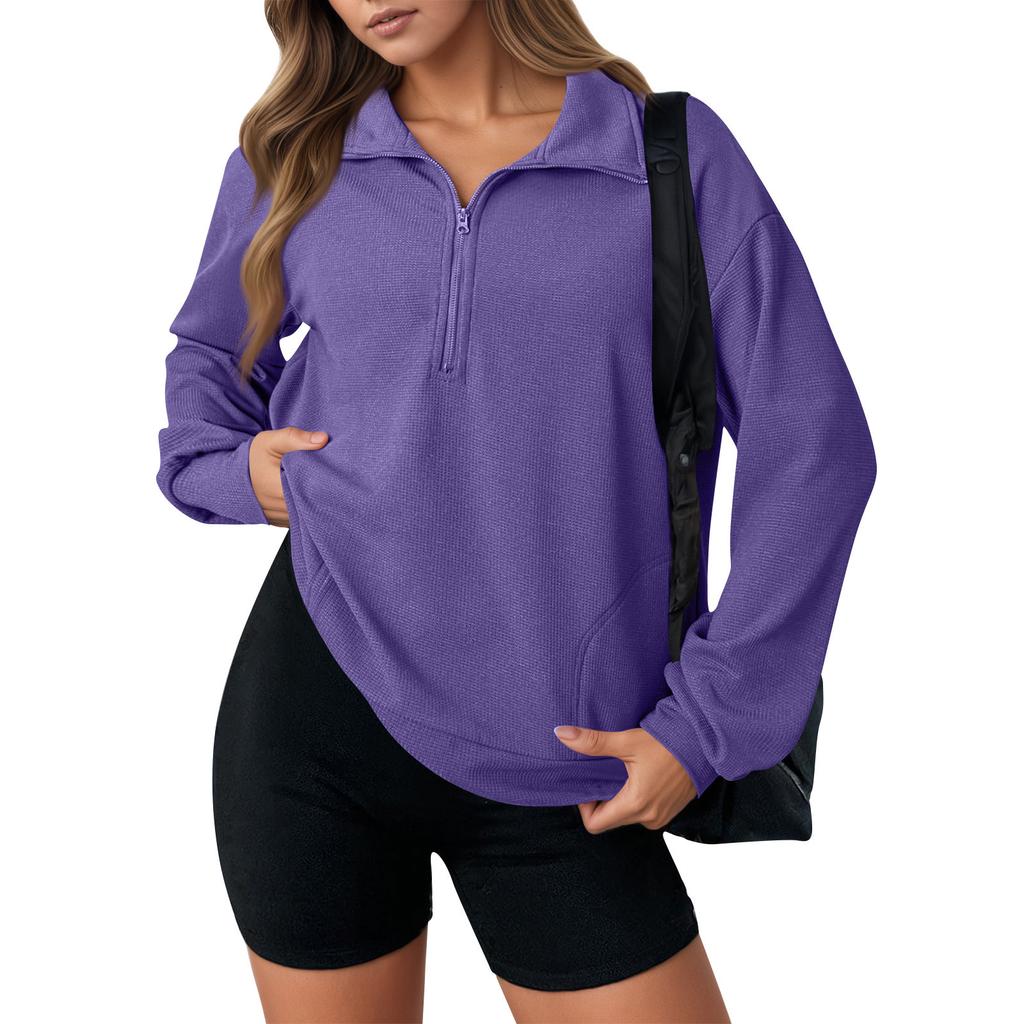 Women's Fashion Solid Color Zipper Lapel Solid Color Casual  Sweatshirt Top