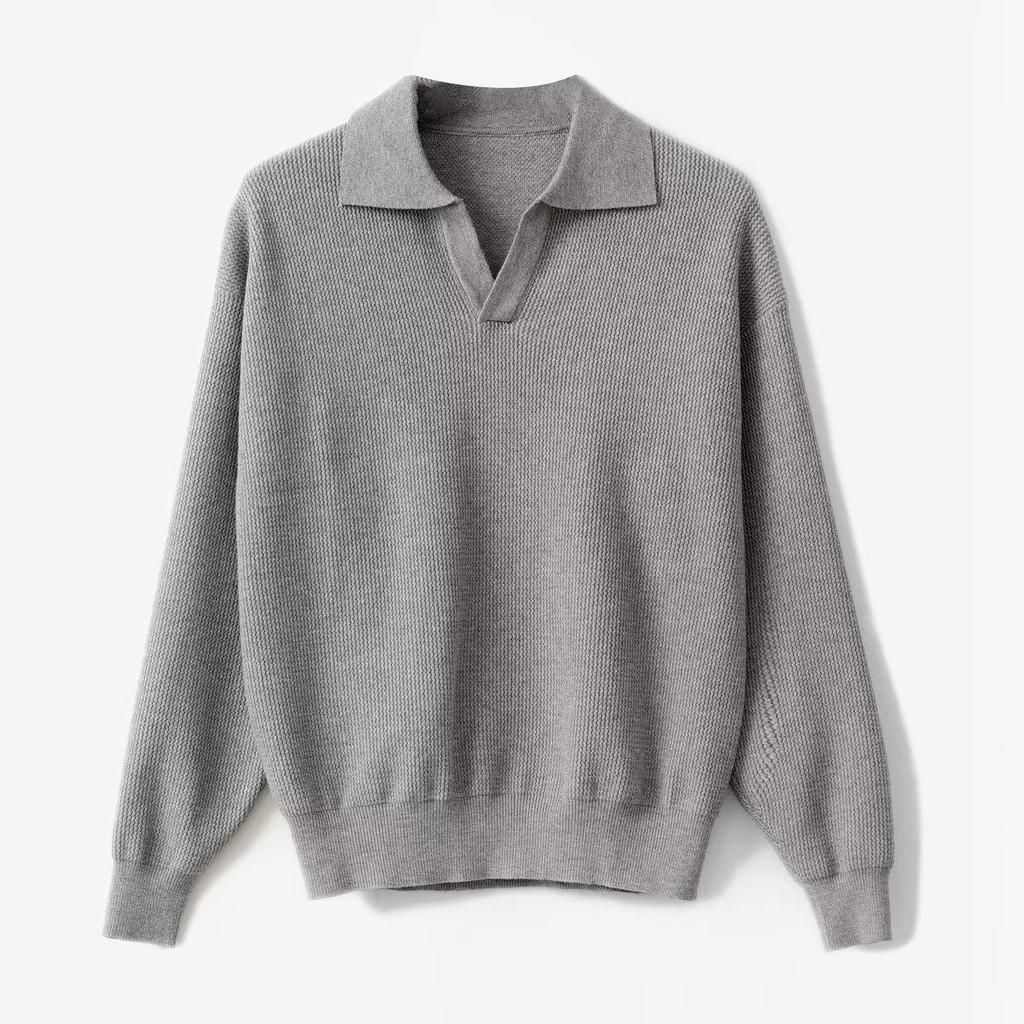 Men's Korean Retro V-Neck Polo Collar Knit Sweater for Autumn/Winter