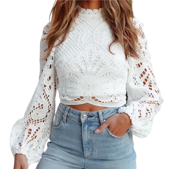 Lantern Long Sleeve High Collar Back Zipper Women Blouse Elegant Women