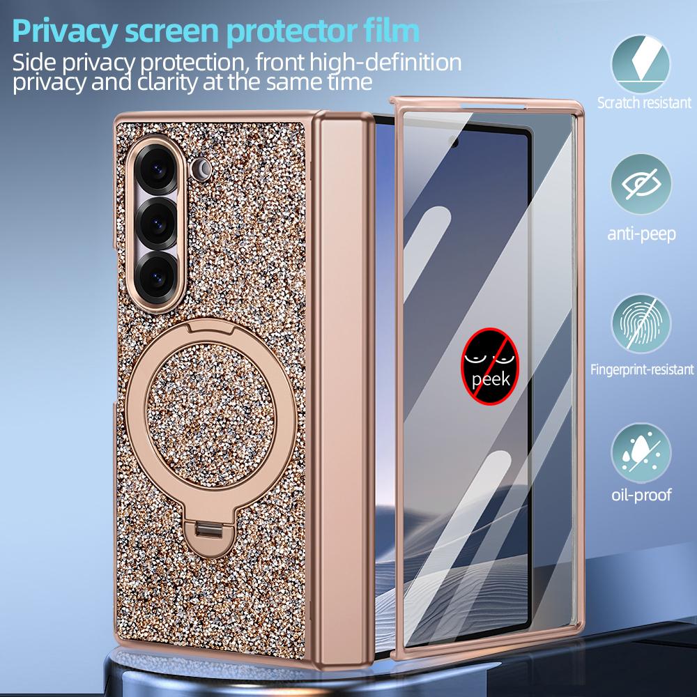 Glitter Bling Faux Leather Plating Magnetic Phone Case for Galaxy Z Fold 7 Fold 6 with Rotatable Holder, Anti-peeping Glass Film