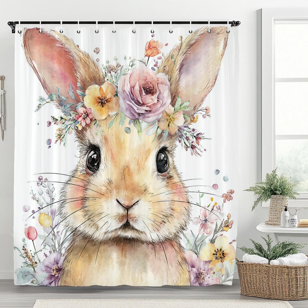 Cute Bunny Shower Curtain, Floral Colorful Eggs Wooden Plank Bowknot Bathroom Decorative Curtain, Waterproof Shower Curtain