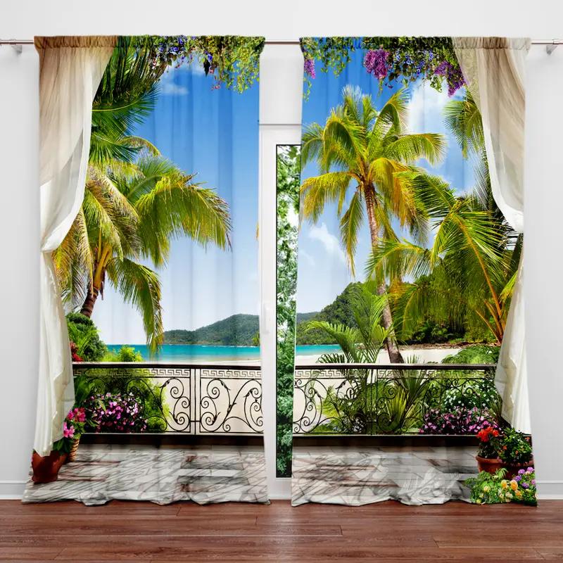 2pcs Tropical Beach Balcony Printed Curtains, Designed for Light Filtering, Quality Material, Ideal for Summer Holiday Home Win