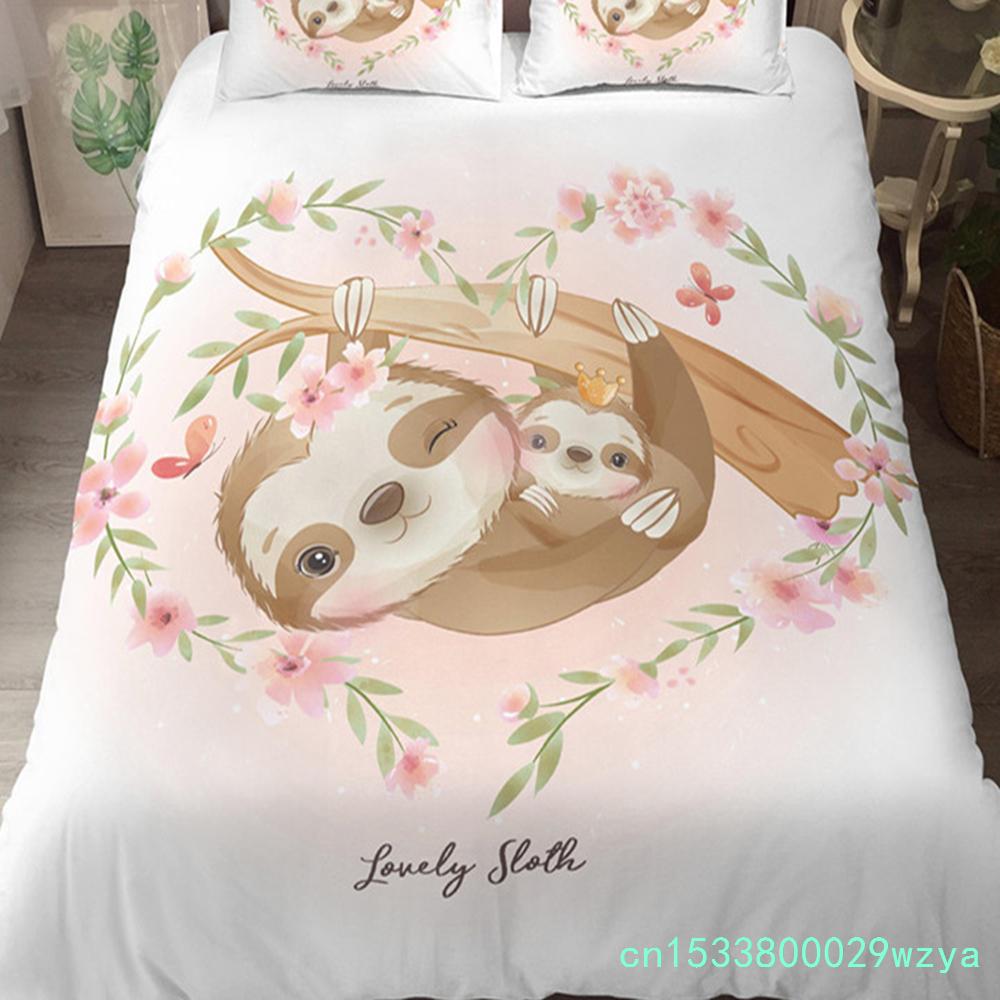 Liebliches Faultier Bettbezug-Set Cartoon Tier Bettwäsche-Set für Mädchen Jungen Teenager Wohnheim Schlafzimmer Dekor Mikrofaser King Bettdeckenbezug