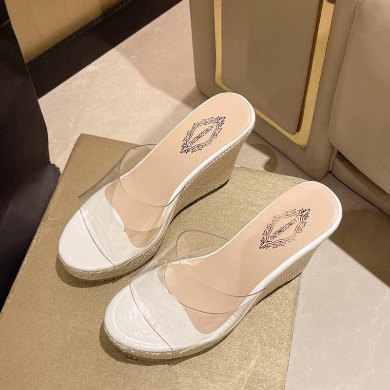 Fashion transparent with wedge heels slippers summer woven bottom waterproof table women's shoes high-end one-word