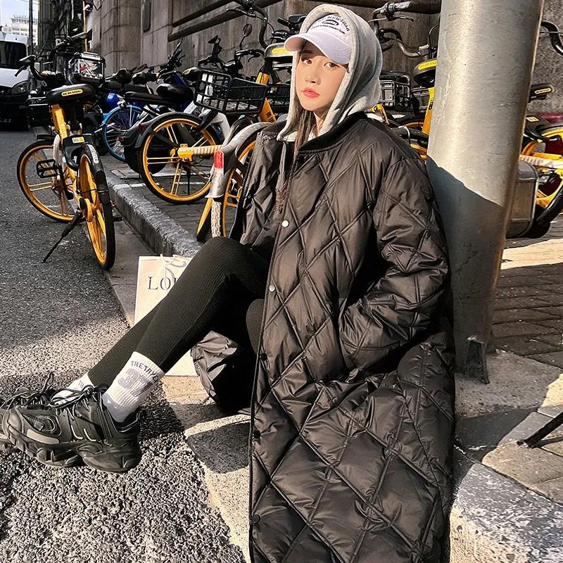 Autumn Winter Down Cotton Jacket Women's Long Over Knee Loose Jacket Diamond Grid Quilted Jacket Fake Two-Piece Parka