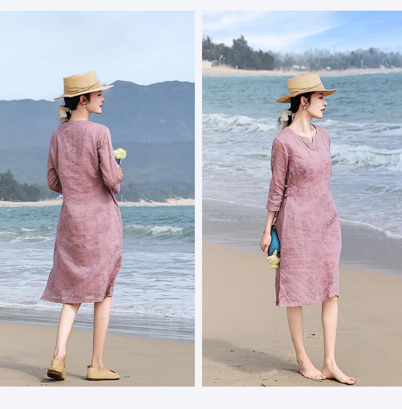 Women's Artistic Linen Embroidered Qipao Style Midi Dress - High-End V-Neck, Improved Frog Button, Retro A-Line