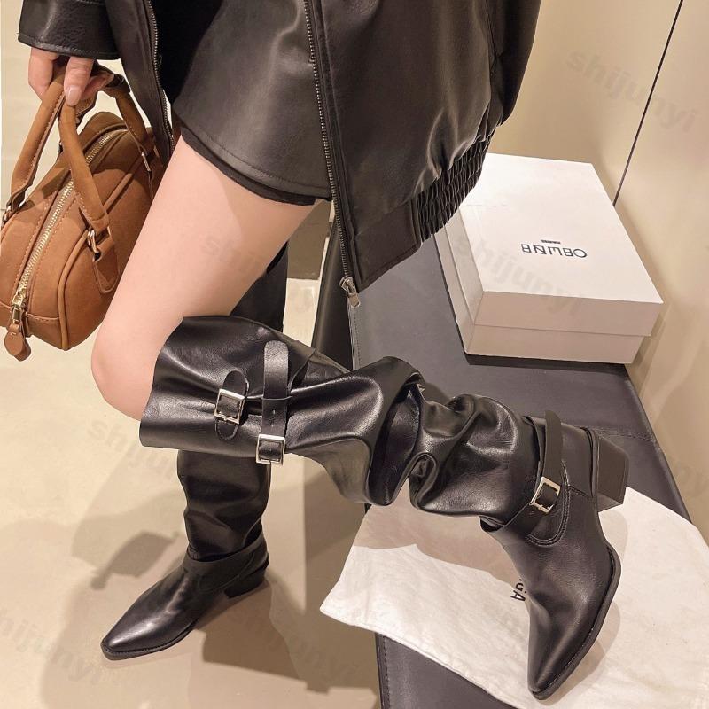 Fashion Knee-high Pointed-toe Women's Knight Boots Retro Thick Heel Slimming Large Tube Autumn Winter New Style Polyurethane Material