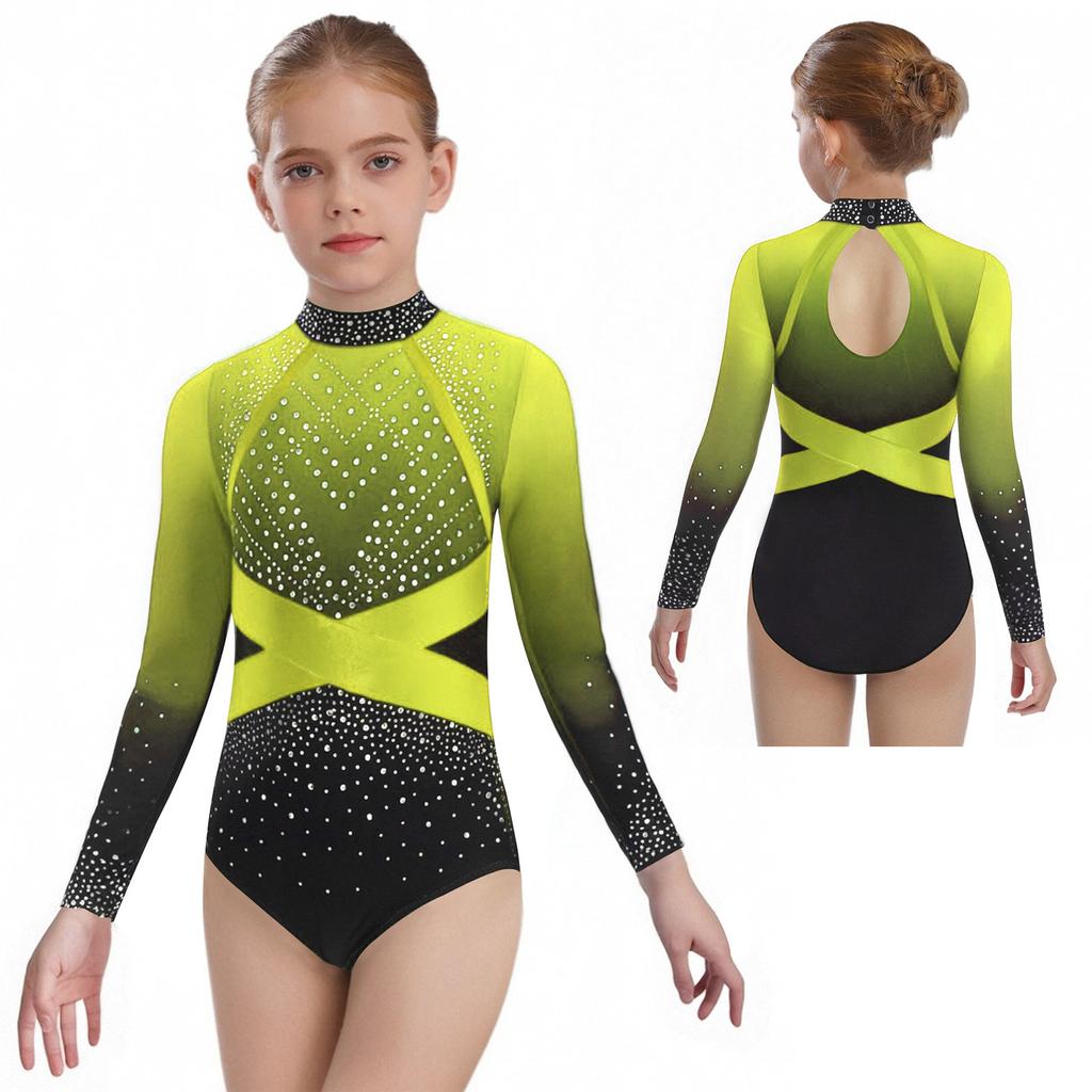 Girls Color Block Ballet Leotard Long Sleeve with Shiny Rhinestones Gymnastics Dance Outfit One Piece