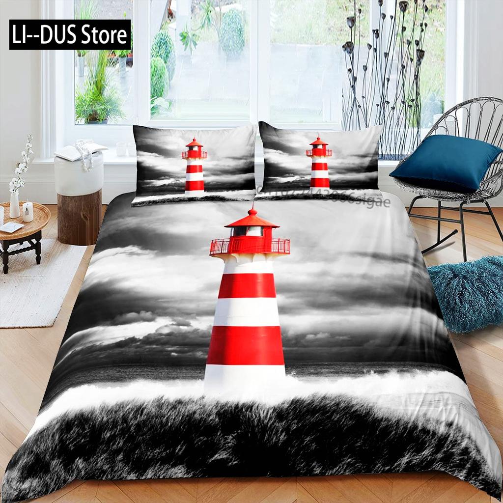 Lighthouse Duvet Cover Set Nautical Surfing Ocean Wave Bedding Set Queen Polyester Coastal Nature Theme Quilt Cover For Kids Boy