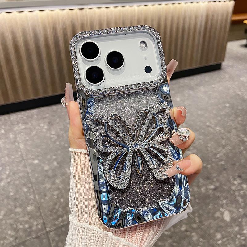 

for IPhone 17 Air 16 Pro Max 12 14 15 13 Pro 14Pro 15Pro Diamond Soft Cover Shell Glitter 3D Butterfly Hollow Out Plating Case For iPhone 12 срібний