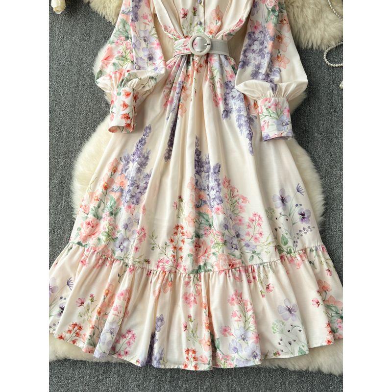 Classy Exquisite Dress Women's Ladies Fashion Elegant Retro Lantern Long Sleeve Waist Trimming Printing French Suit Long Dress