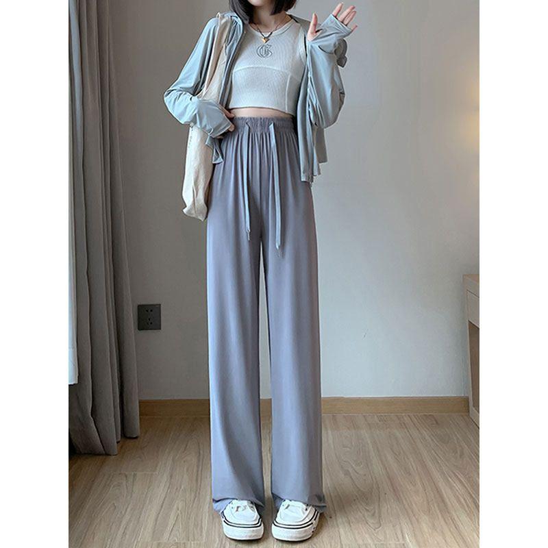 

Green Split Sun-Proof Trousers Women Summer Thin Plus size Chubby Girl Drape Casual Straight Cool Ice Silk Wide-Leg Pants Gray, No Side Slits 3XL