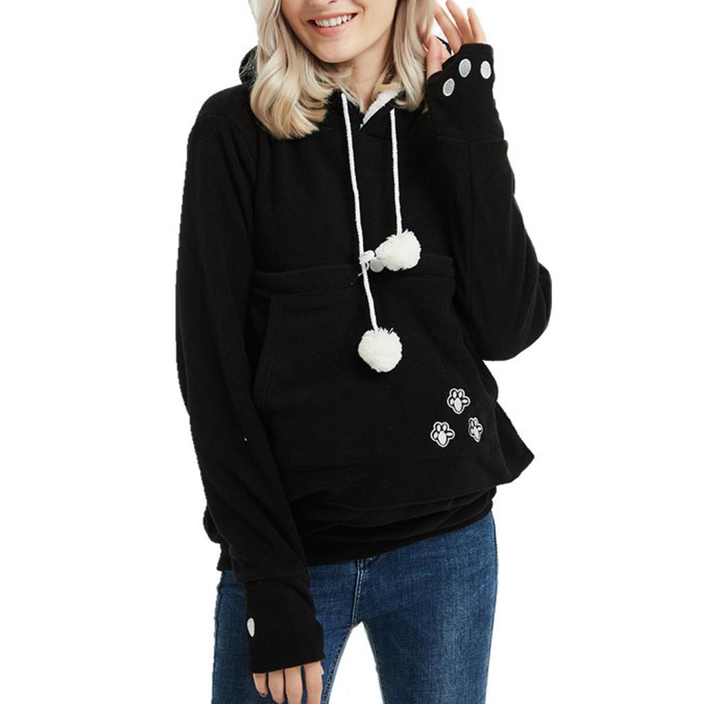Women's Fashion Casual Top Solid Color Long Sleeve Pet Pocket Hoodie Sweatshirt