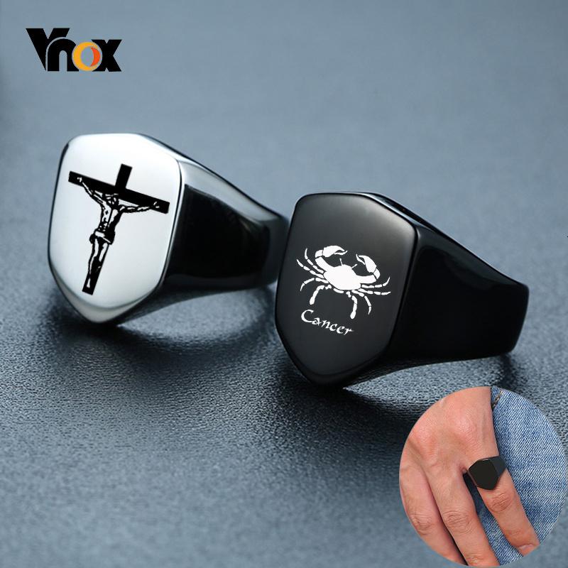 Vnox Stylish Personalize Shield Flat Top Ring for Men Black Stainless Steel Gents Signet Stamp Ring Punk Male Jewelry