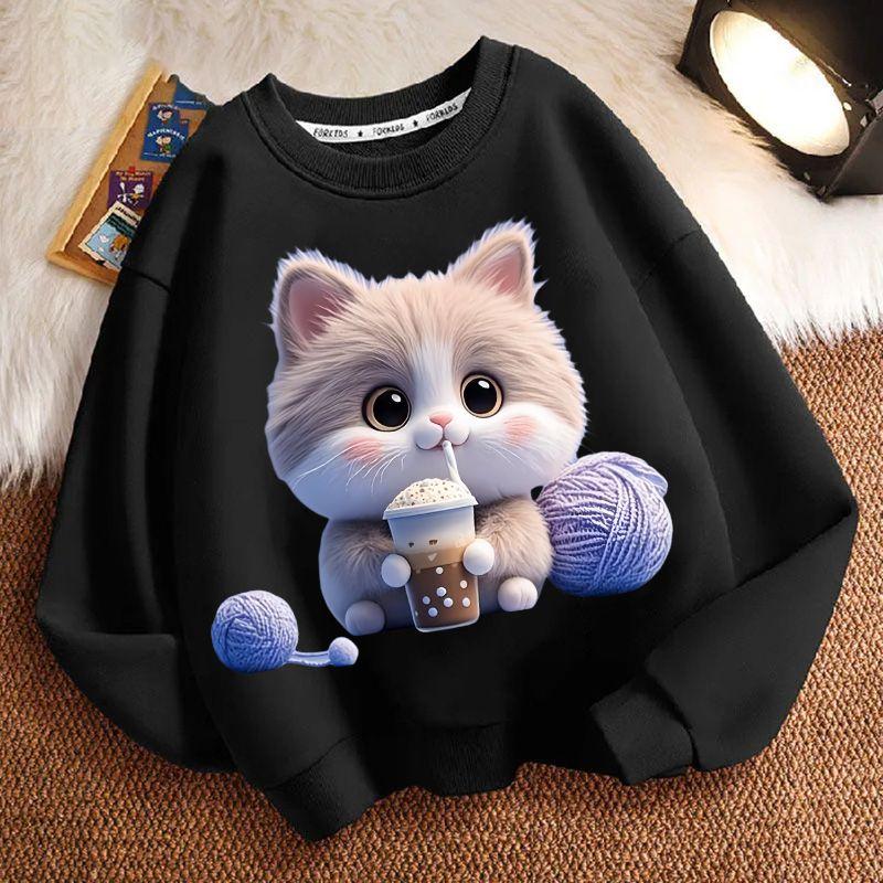 Cute Milk Tea Cat Round-neck Sweatshirt for Children, Fashionable Long-sleeved Casual Sweatshirt for Boys and Girls in Spring and Autumn