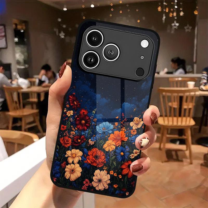 Dark Night Floral Pattern 2D Phone Case for iPhone 17 16 15 14 13 12 11 X XR XS Max Pro 8 Plus - Black Glass Protective Cover