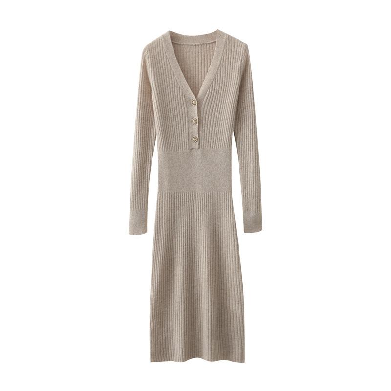 Dame Genser Kjole 100 % Ull MODERN NEW SAGA V-hals Strikk Lang Pullover Vintergensere Ull Lang Kjole Dame