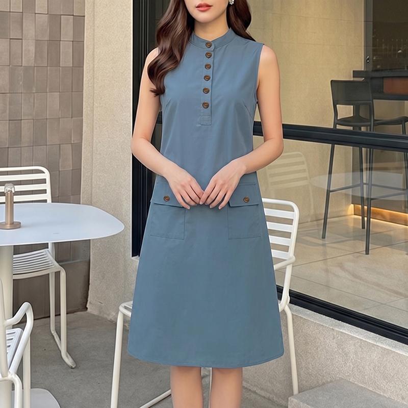 

ZANZEA Women Stand Collar Summer Sleeveless Commuer Casual Dress 5XL синій