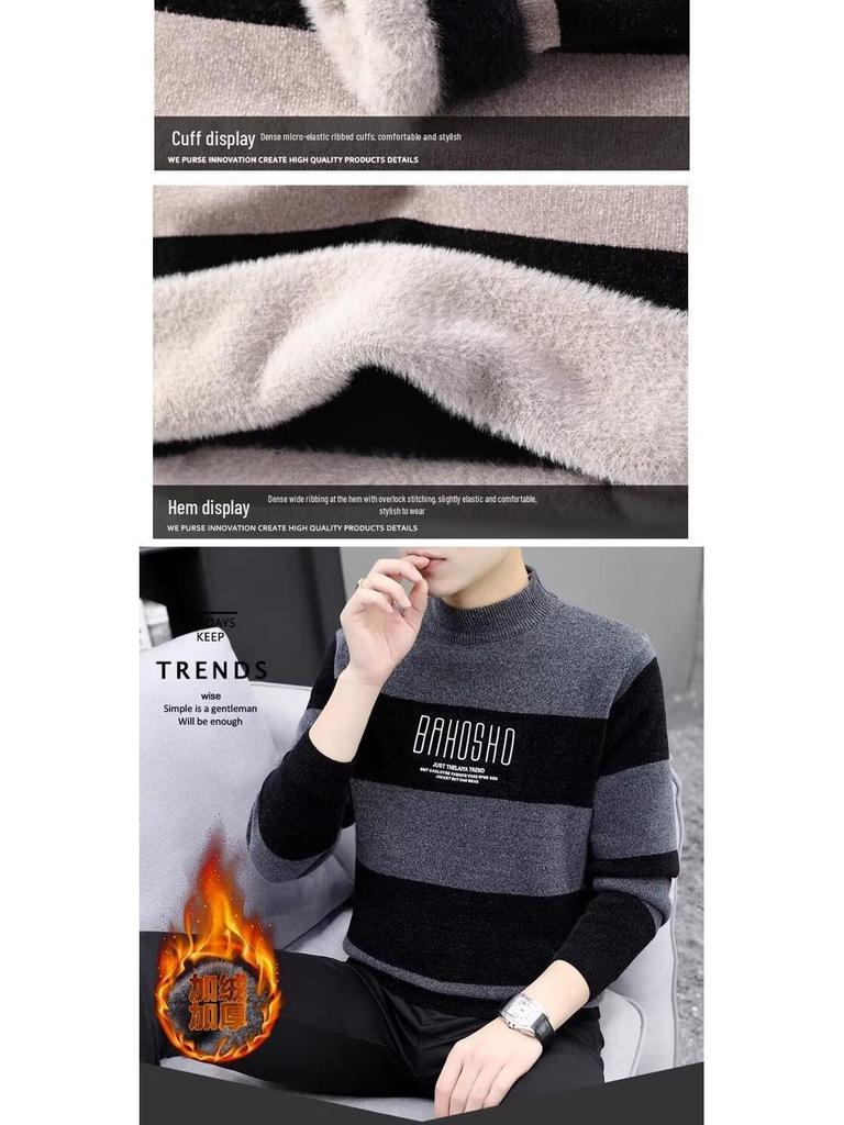 Men's Velvet Half-High Collar Sweater - Thickened, Warm, Autumn/Winter Base Layer Top