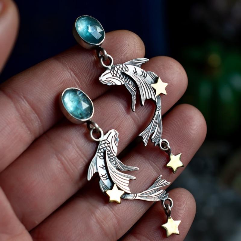 

Jianjie vintage Star Goldfish Shape Ocean Moonlight Stone Women s Earrings Elegant Delicate Jewelry Trend срібний