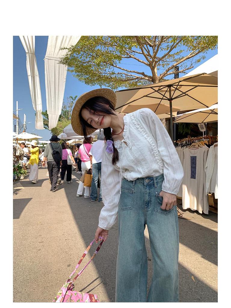 Petite Chic French Lace-up Collar Shirt for Women – White Blouse for Spring/Autumn